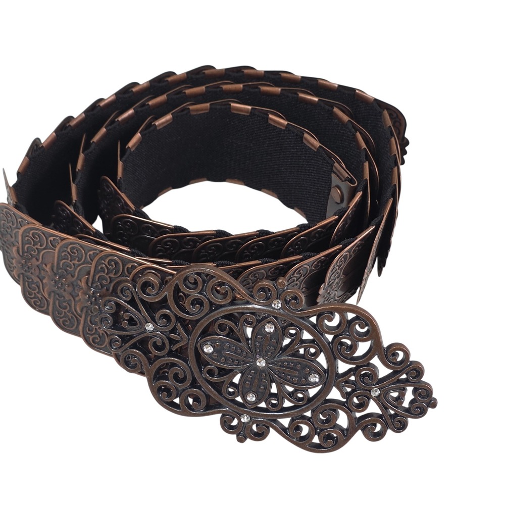 Art Deco Filigree Elastic Cinch Belt Womens OS Boho Rhinestone Copper Stretch